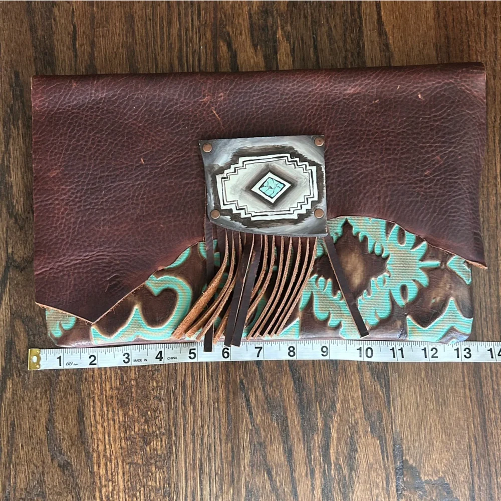 Unbranded Turquoise and Brown Embossed‎ Leather Clutch